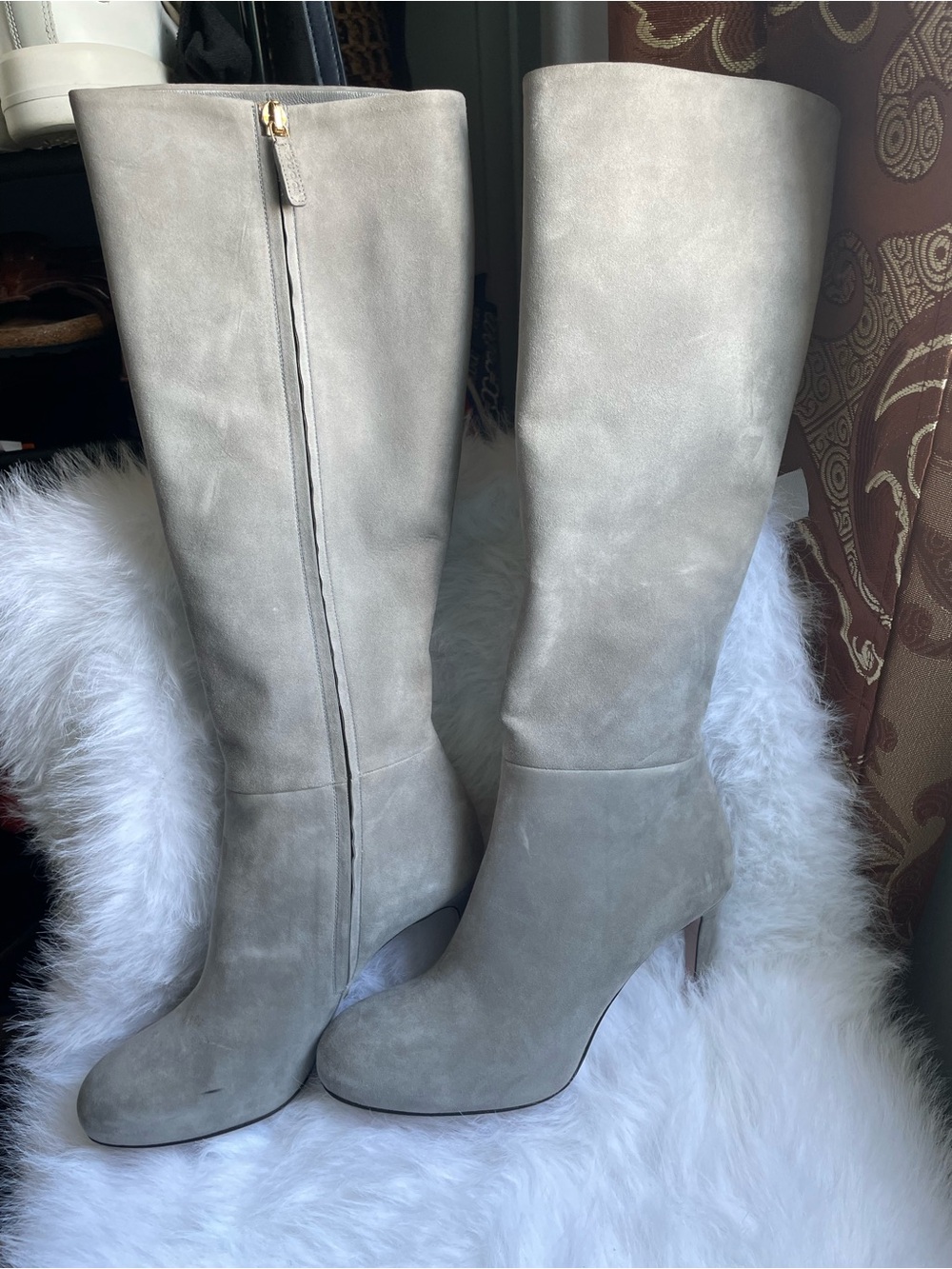 Gucci Light Taupe Suede Over-the-Knee Boots with Gold Zip